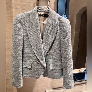 Zara Women's Elegant Blue Textured Tweed Blazer Sz L